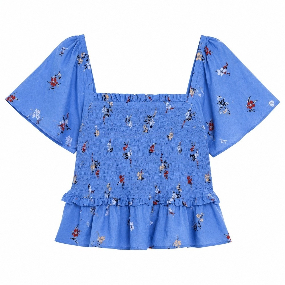 Madewell Smocked Peplum Top Blue Floral Square Neck Flutter Sleeve XS NEW